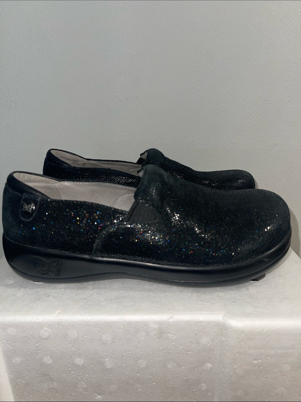 Alegria women’s Black Glitter Slip-On Clog